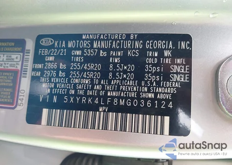 2021 Kia Sorento Sx/Sxp z USA, uszkodzony, nr VIN 5XYRK4LF8MG036124